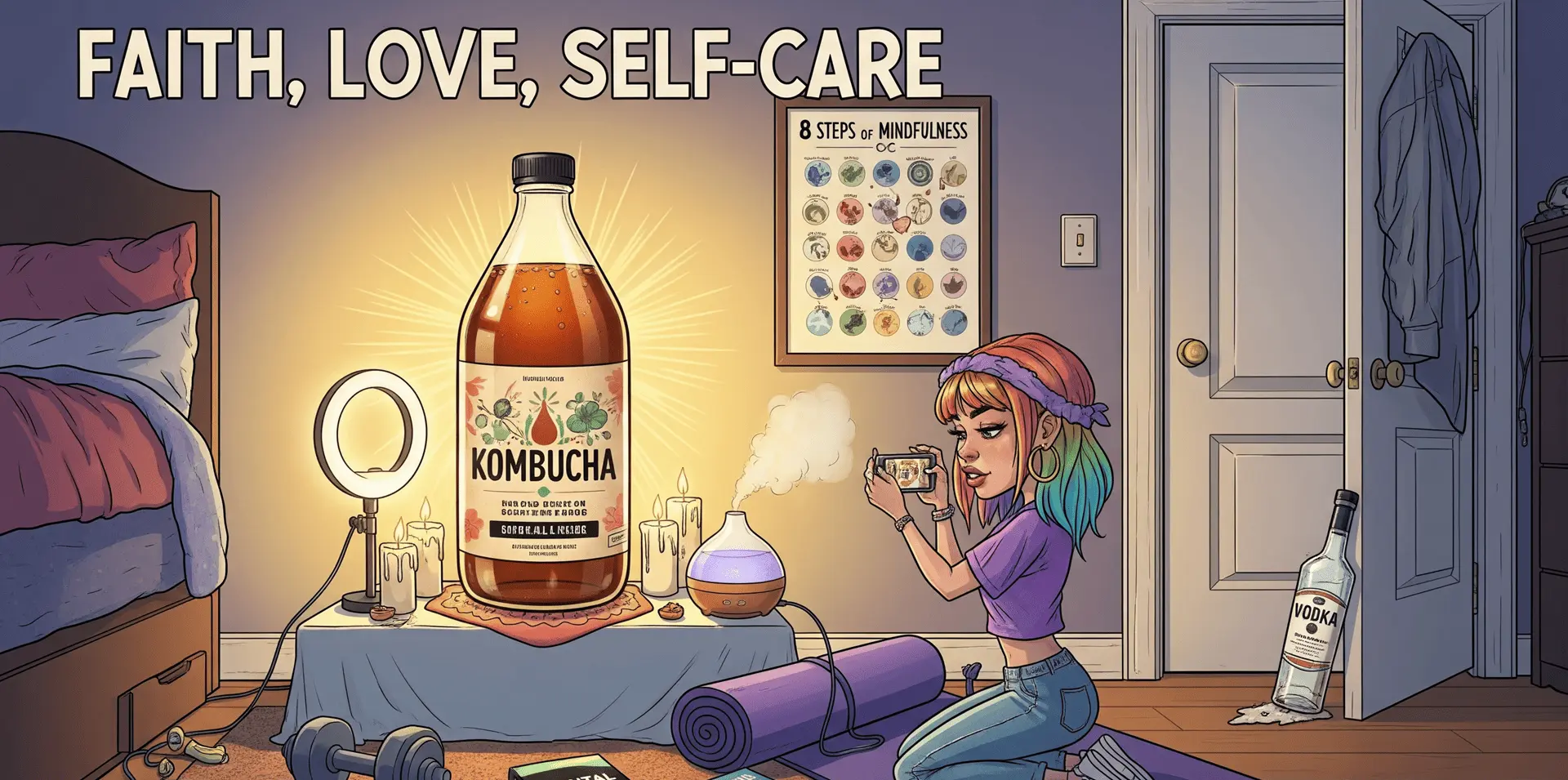 Karikatur: Der neue Altar des Wohlbefindens im Jugendzimmer – Kombucha, Craft-Bier, Selfie-Ringlicht, Yogamatte, Hanteln, Buch 'Mentale Gesundheit für Dummies', Instagram-Smartphone, Grafik '8 Stufen der Achtsamkeit', Wodka-Flasche als Türstopper.