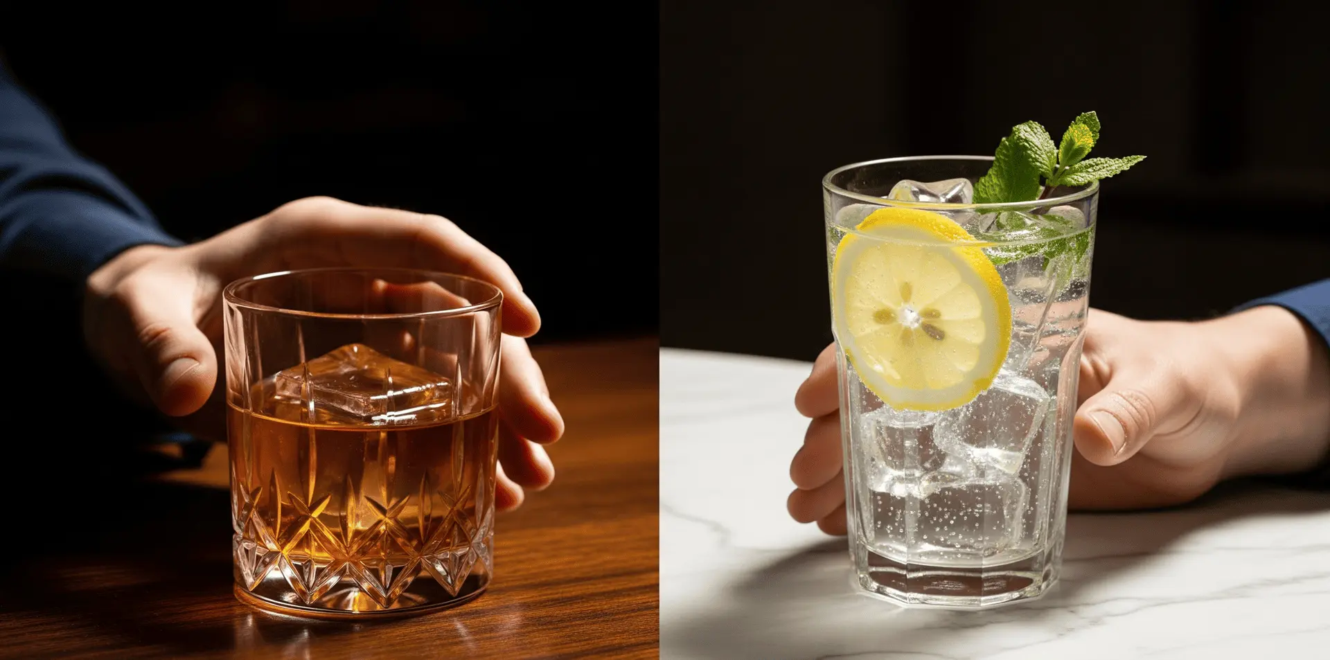 Extreme Nahaufnahme aus der Ich-Perspektive: Die eigenen Hände vor sich auf einer Theke. Links schwebt die Hand zögerlich über einem klassischen Cocktailglas (Whiskey Sour/Old Fashioned) auf dunklem Holz, warmes Barlicht. Rechts greift die Hand bestimmt nach einem hohen Glas mit sprudelndem Wasser, Zitronenscheiben, Eis und Minze auf heller Marmorfläche, Tageslicht. Symbol für die Entscheidung zwischen alter Gewohnheit und neuem Wohlbefinden.