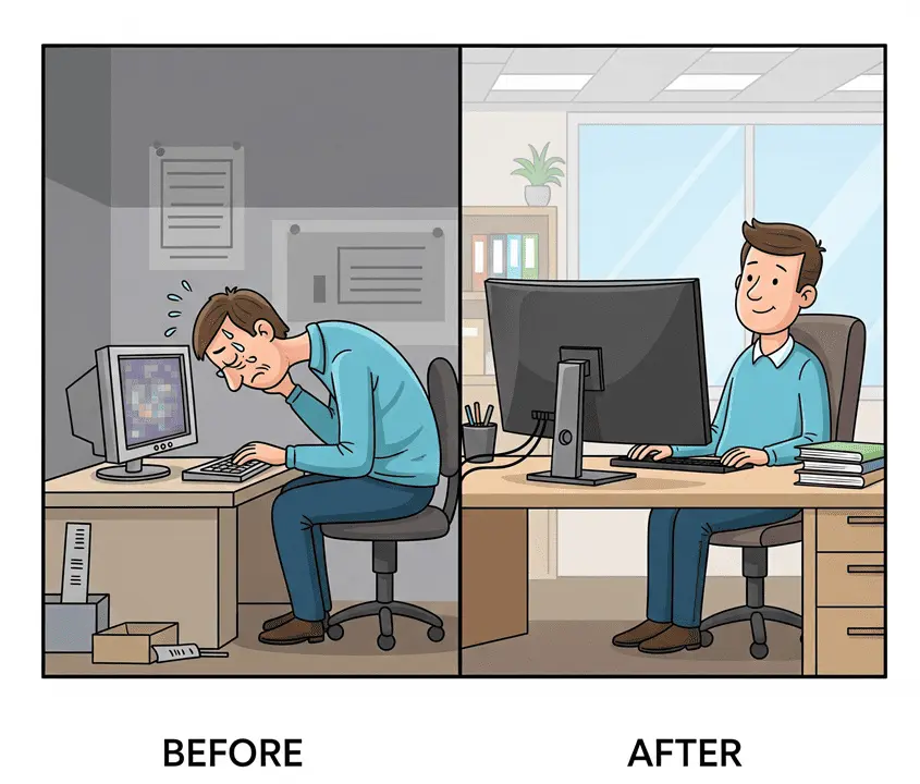 Karikatur: Zeigt auf der einen Seite eine Person vor einem flachen, auf der anderen eine Person mit einem Curved Monitor.