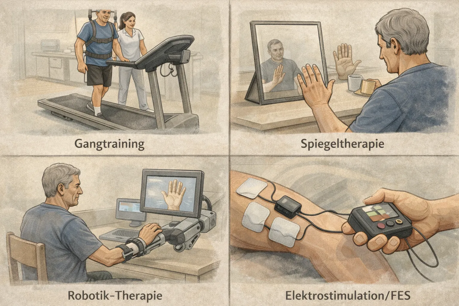 Therapien zur Mobilitätsförderung: Physiotherapie, Robotik und Elektrostimulation in der Anwendung.