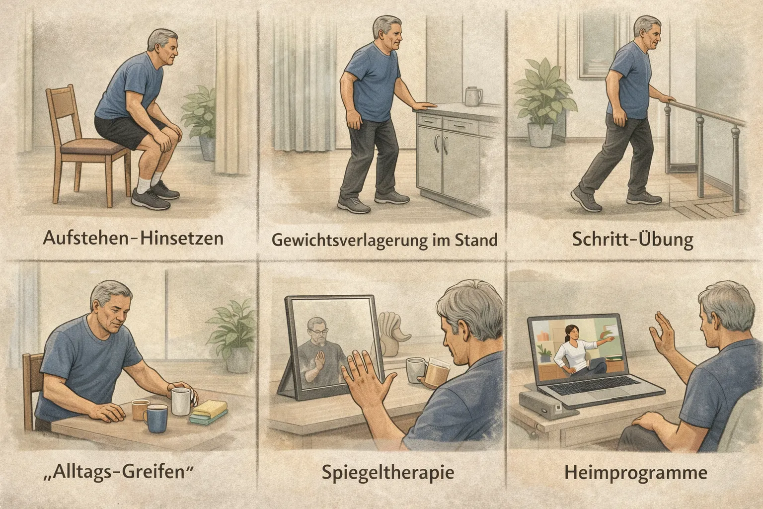 Heimtraining nach Schlaganfall: Person übt Balance und Gang mit unterstützender Hilfe.