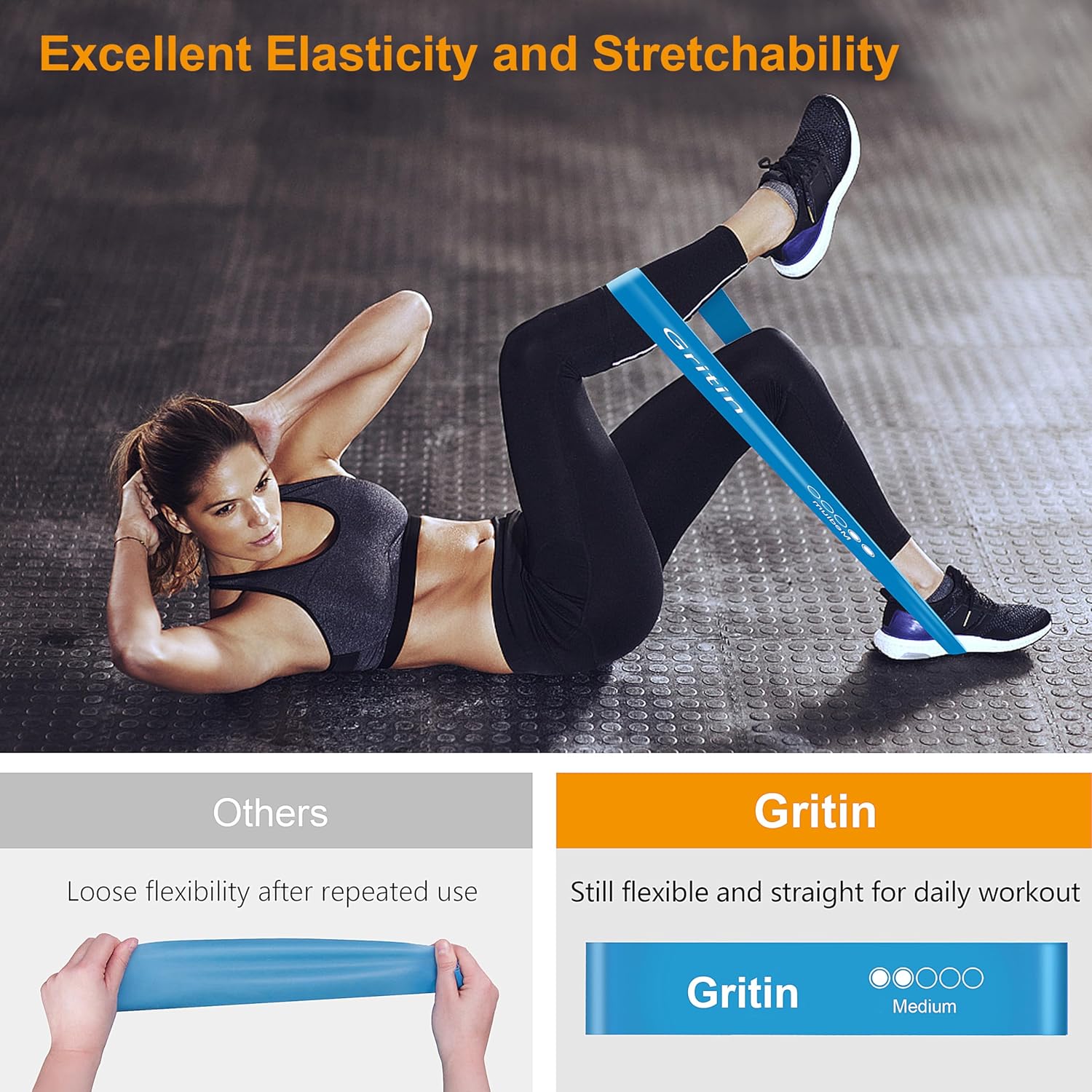 Gritin Fitnessbänder Widerstandsbänder mit 5 Stufen, Latex Fitnessband Resistance mit Deutscher Übungsanleitung & Tragebeutel, Gymnastikband für Muskelaufbau, Yoga - 5er Set